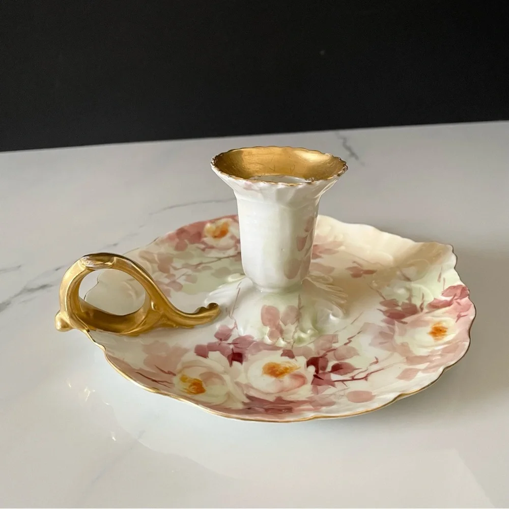 Floral & Gold Candle Holder with Handle - J.P. Limoges